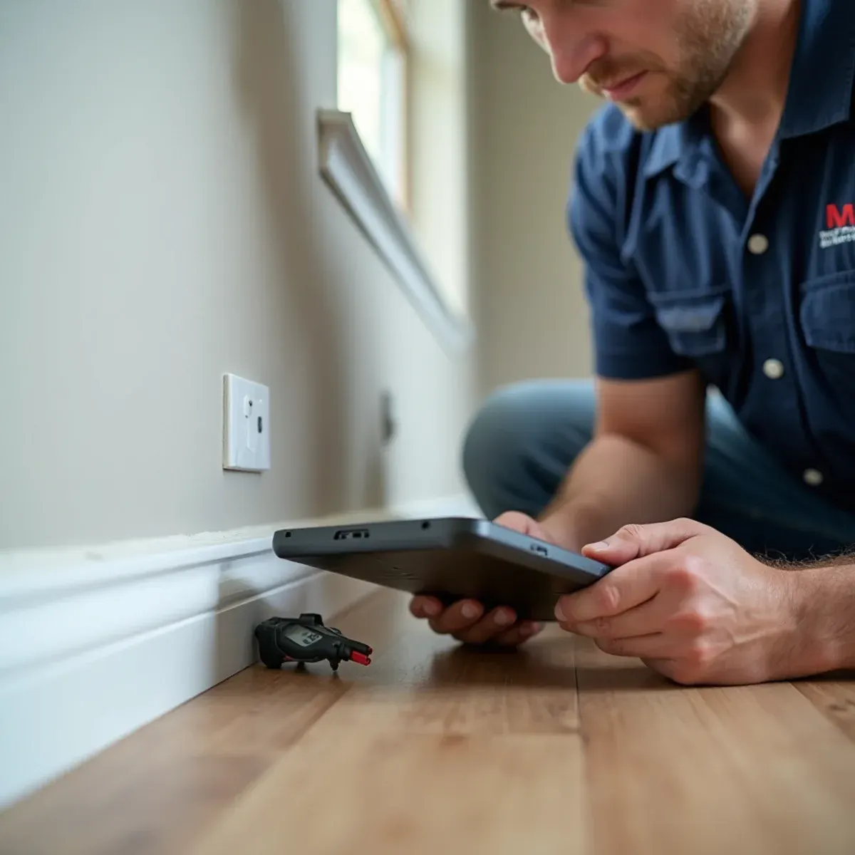 Technician taking a moisture meter reading at a baseboard during a Cypress water damage inspection