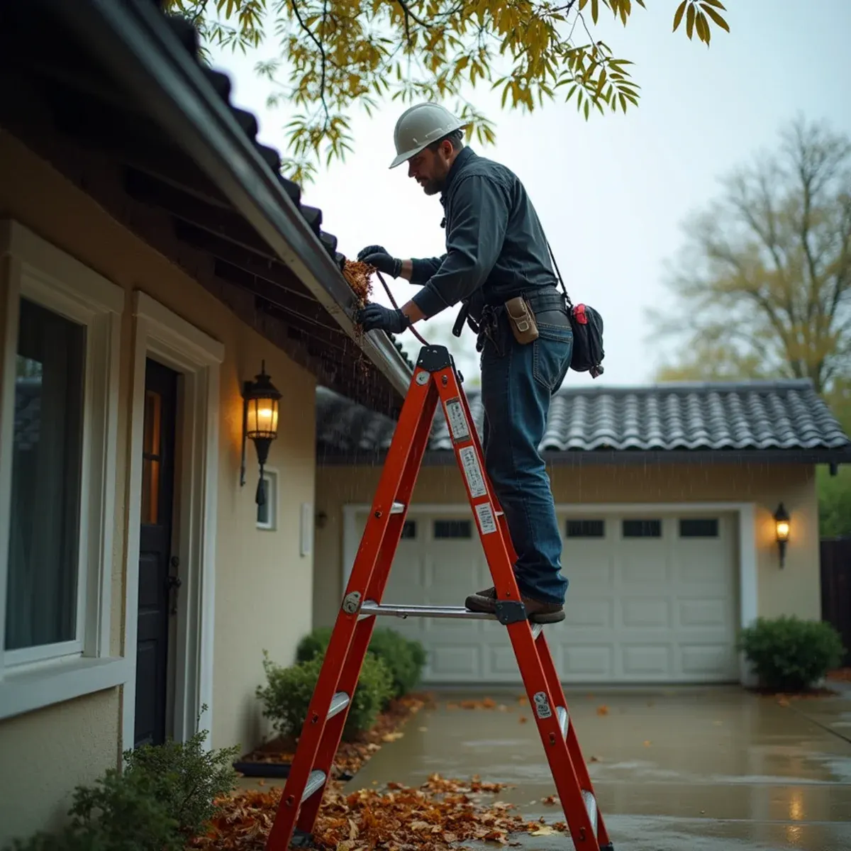Homeowner clearing a downspout before an atmospheric river storm at an Orange County ranch home