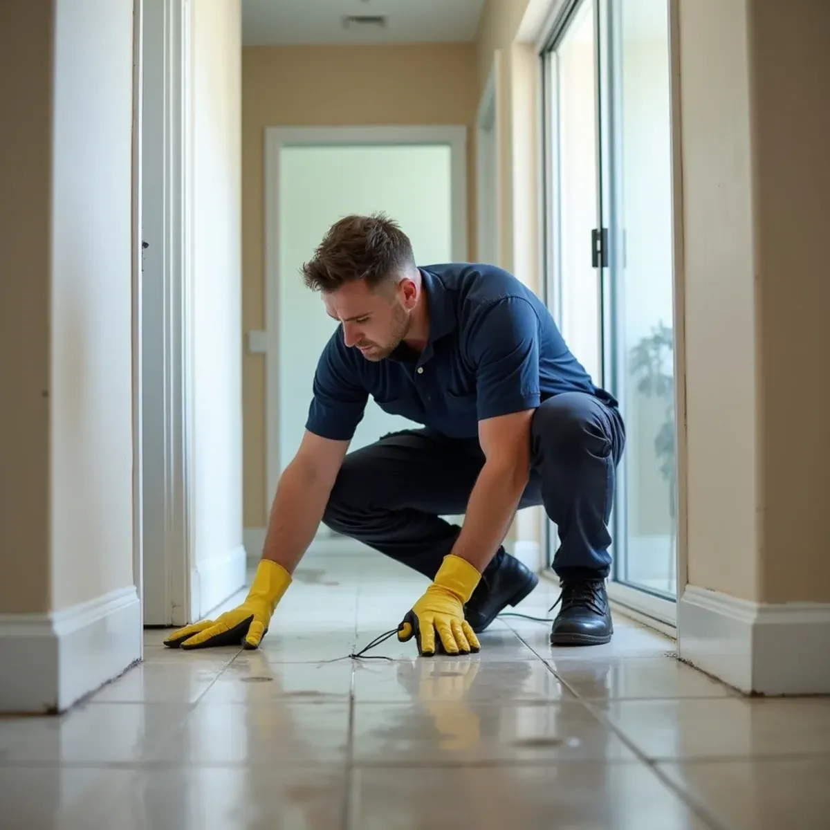 Water damage technician testing moisture at a baseboard to classify water category in Cypress