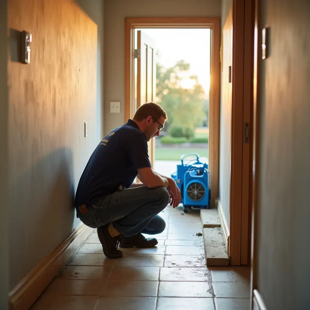 Technician drying an opened wall cavity after burst pipe water damage repair in Cypress
