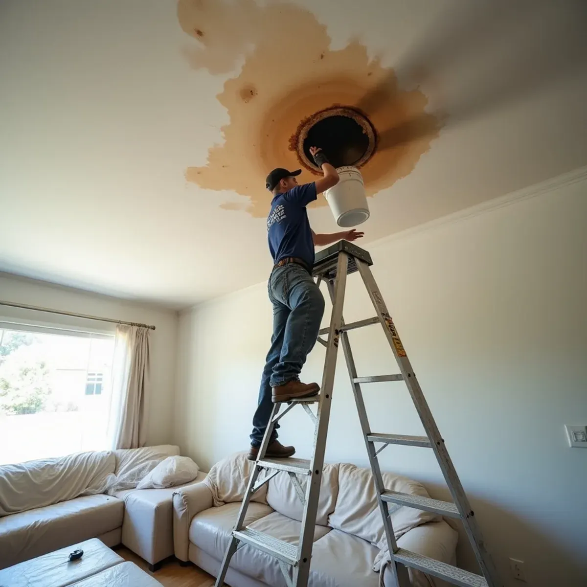 Technician safely relieving a bulging ceiling from a roof leak in a Cypress living room