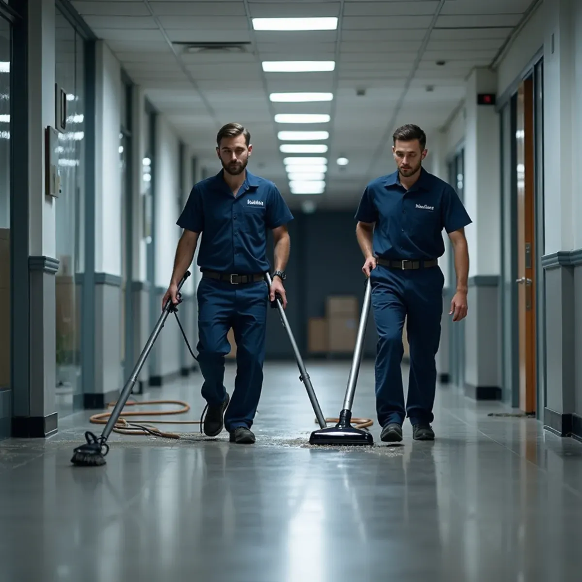 After-hours crew extracting water from office carpet during commercial water damage restoration in Cypress