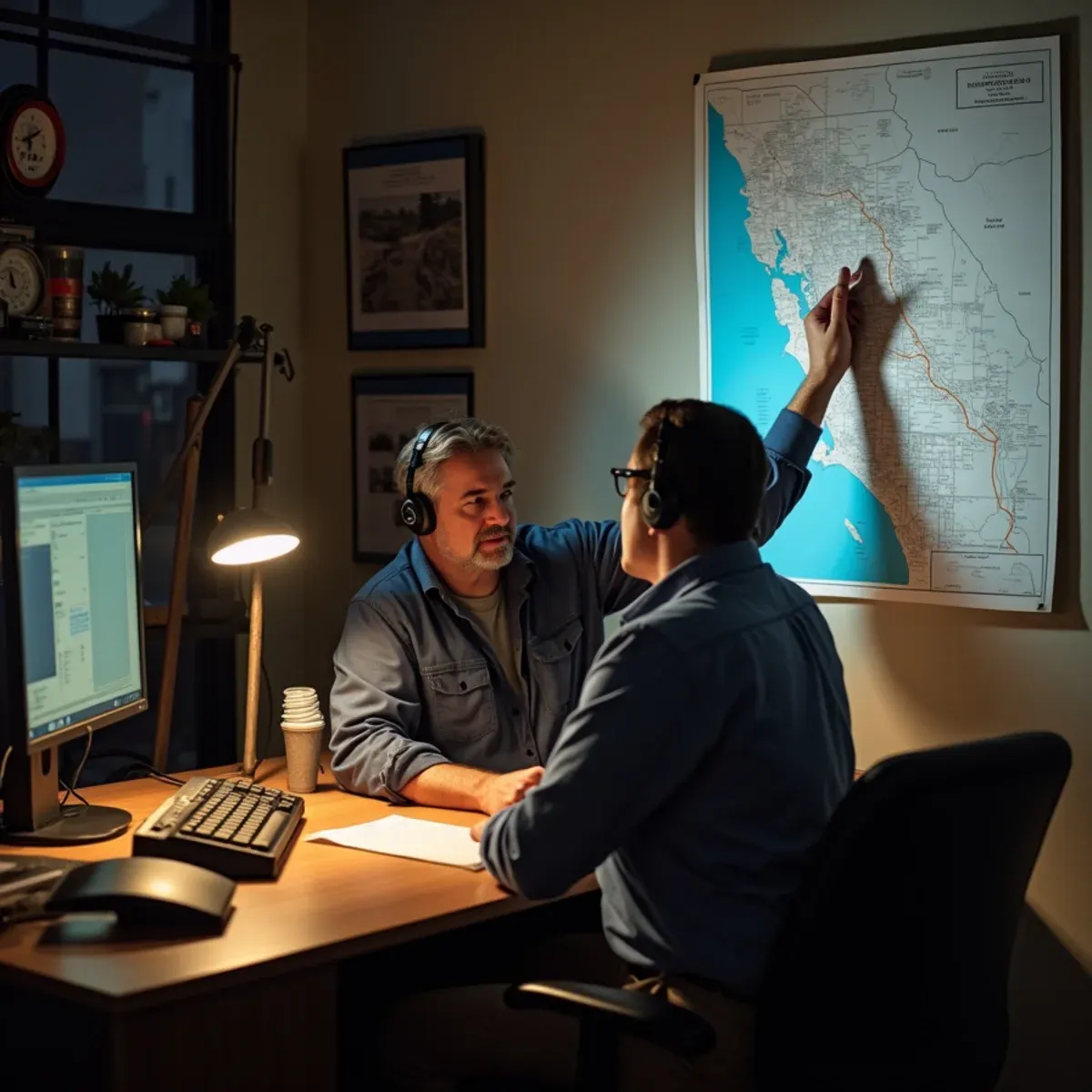 Dispatcher taking a 24/7 emergency water damage call for Cypress and Orange County at night