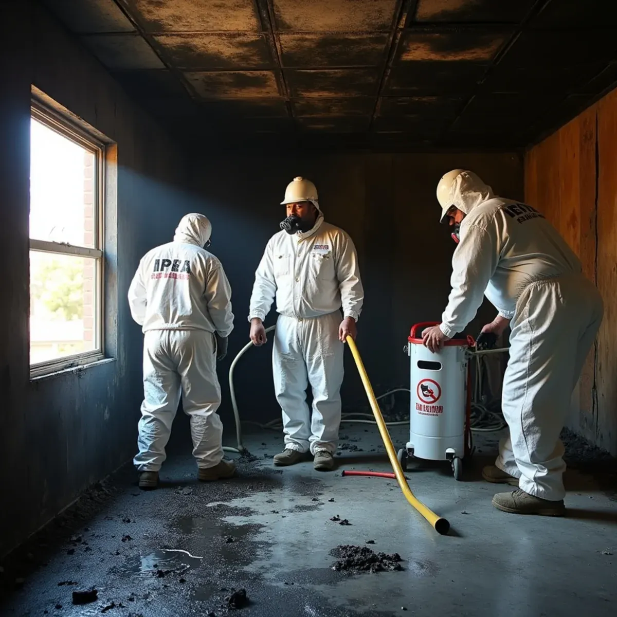 Crew setting HEPA air scrubbers in a fire and smoke damaged Cypress living room