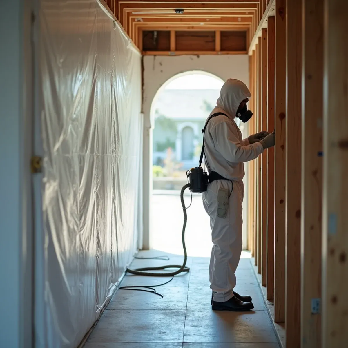 Technician working inside sealed containment during mold remediation in a Cypress area home