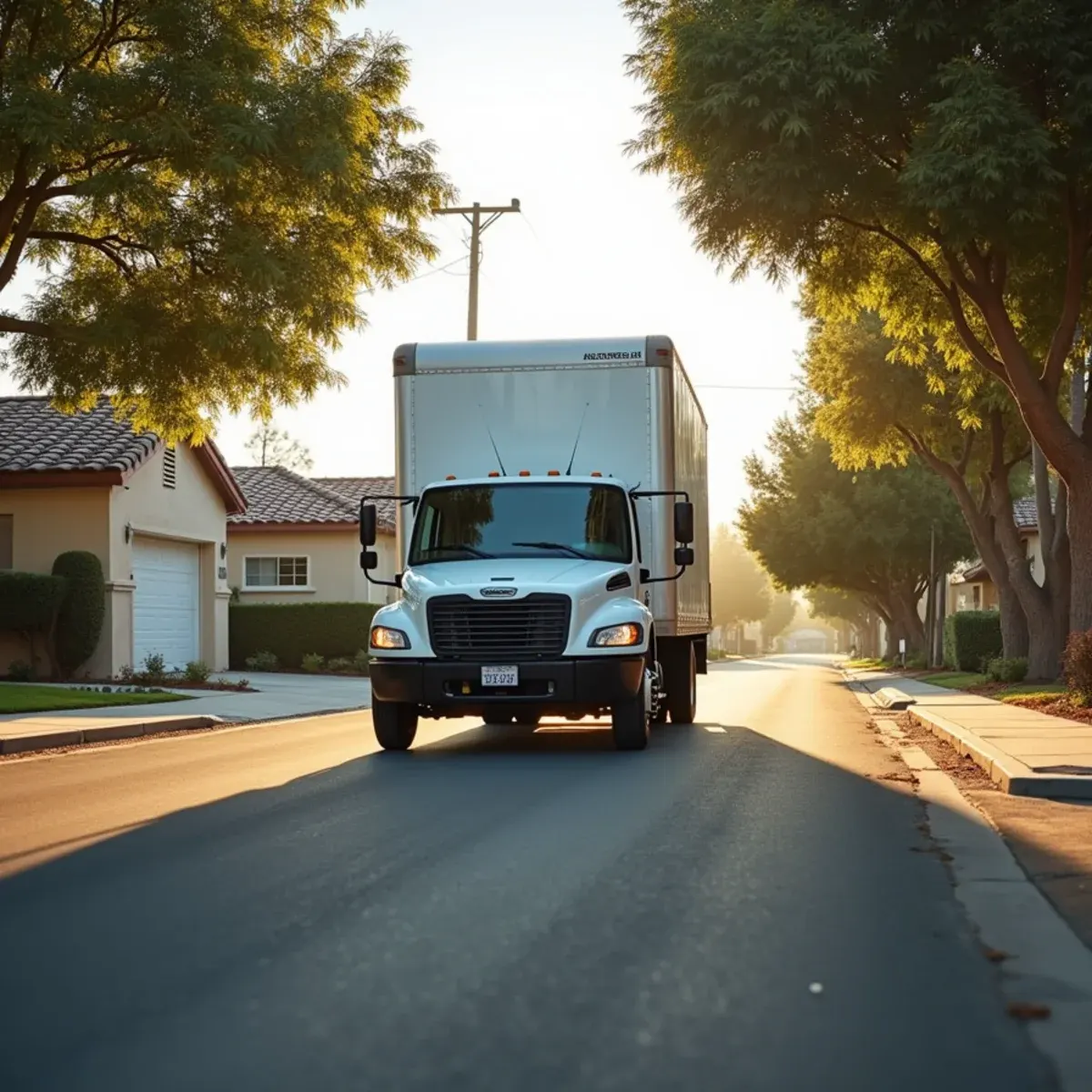 Restoration truck responding on a residential street in a north Orange County tract neighborhood