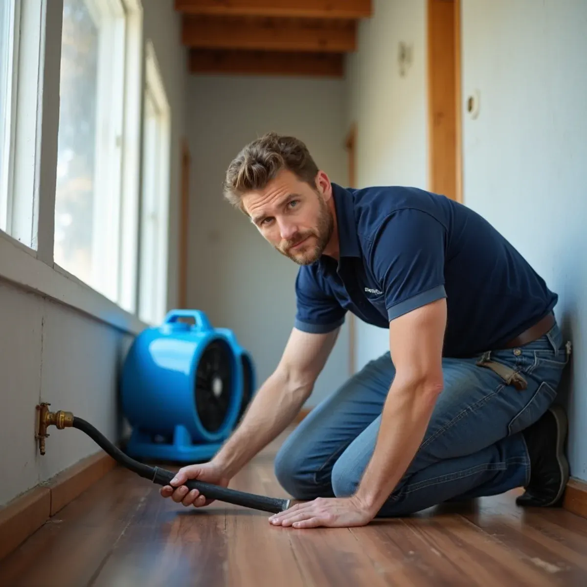 Technician extracting water from a postwar tract house hallway during water damage restoration in Bellflower