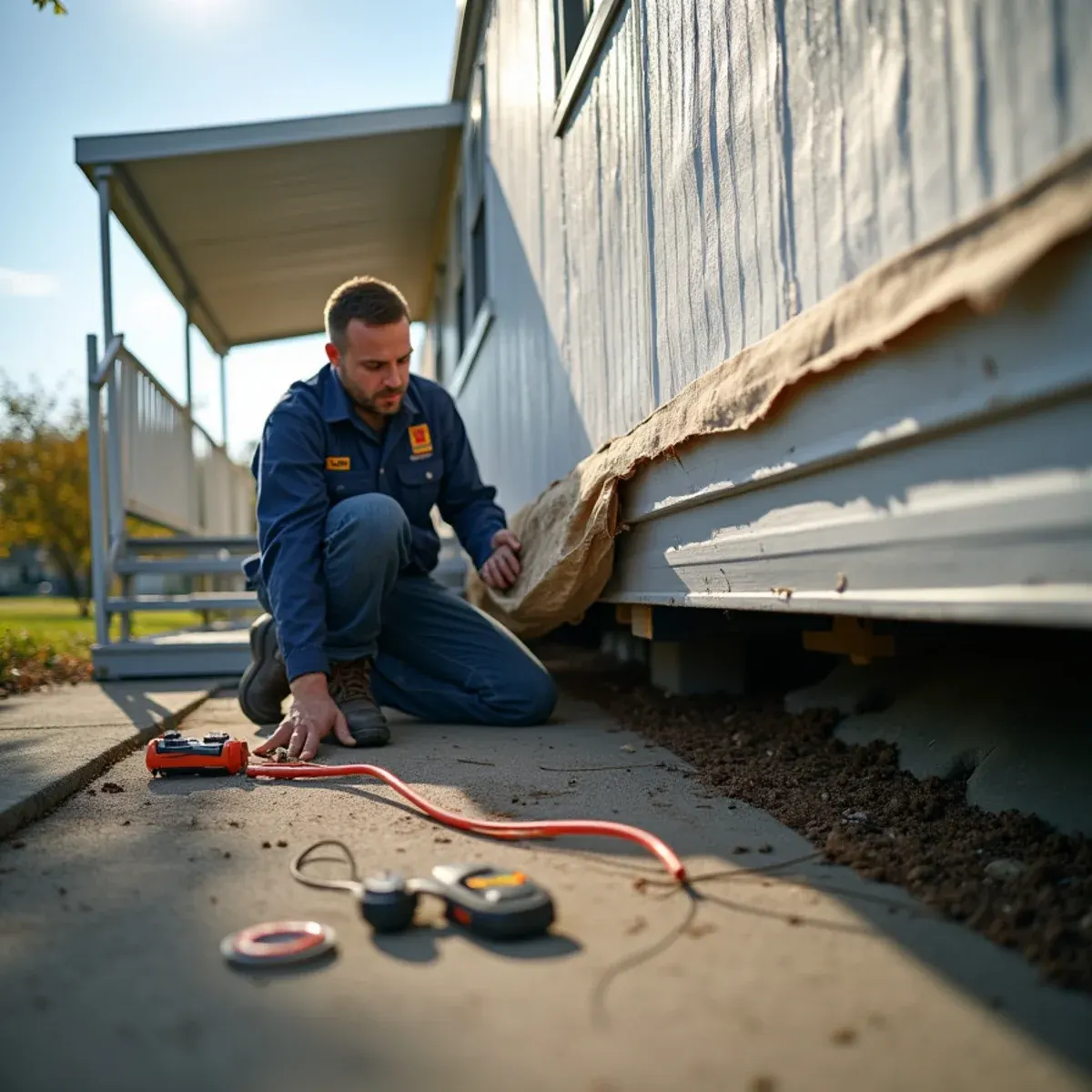 Technician opening belly wrap to find trapped underfloor moisture at a Carson manufactured home