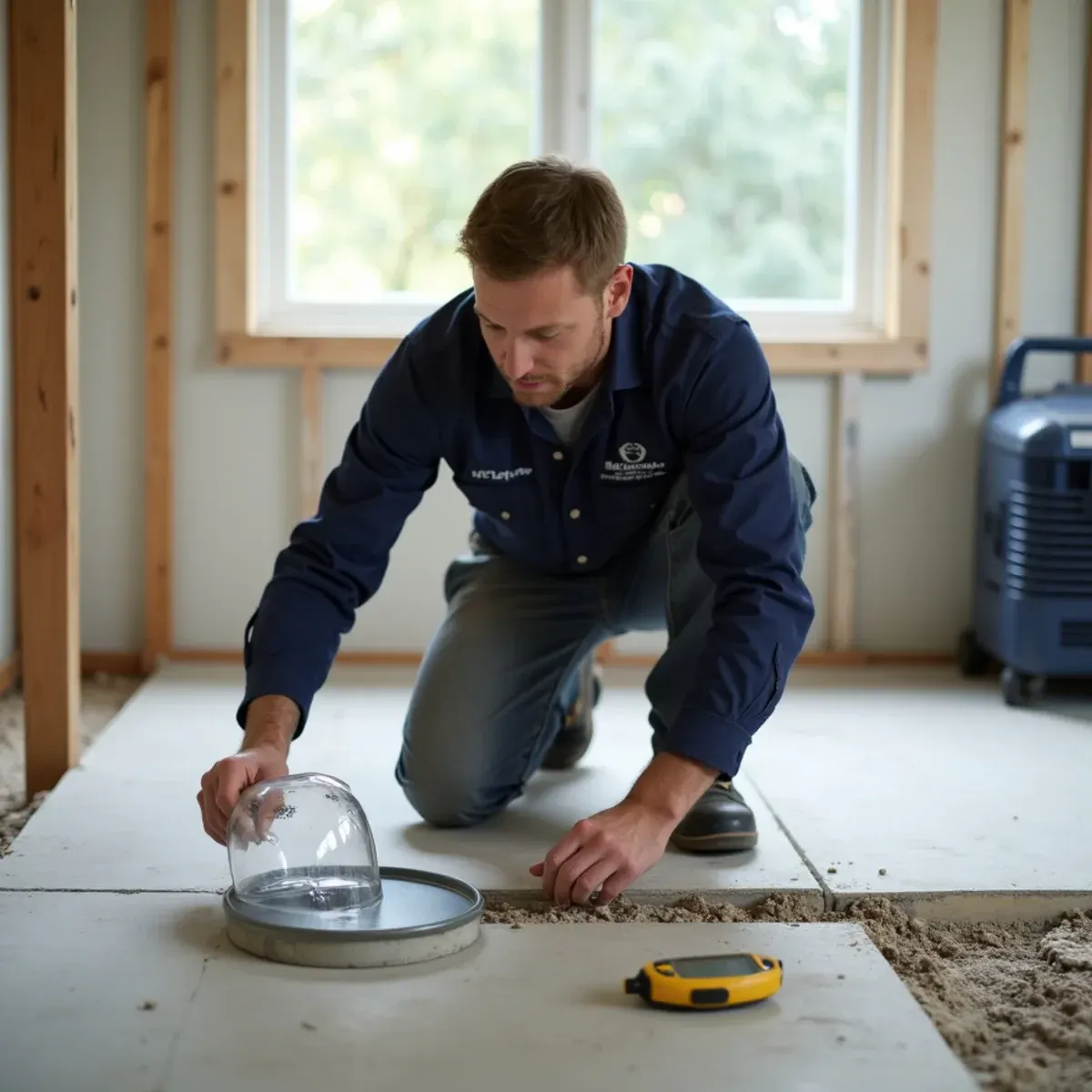 Technician running a slab moisture vapor test in a Fountain Valley single-story tract home