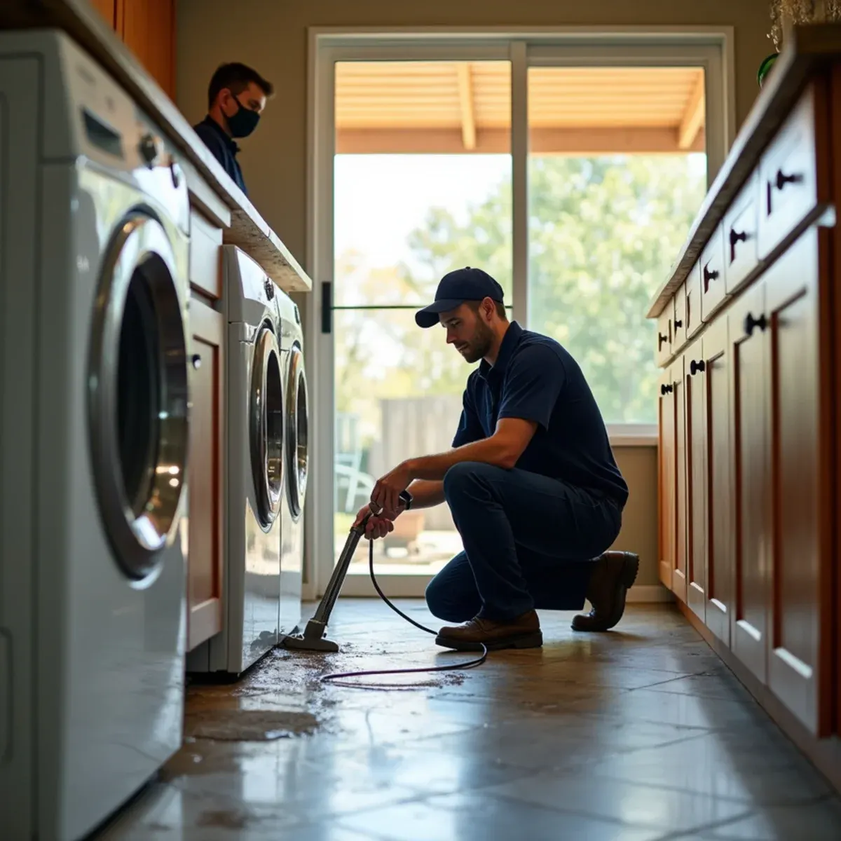 Technician extracting water at a laundry alcove after a supply hose failure in a Garden Grove home