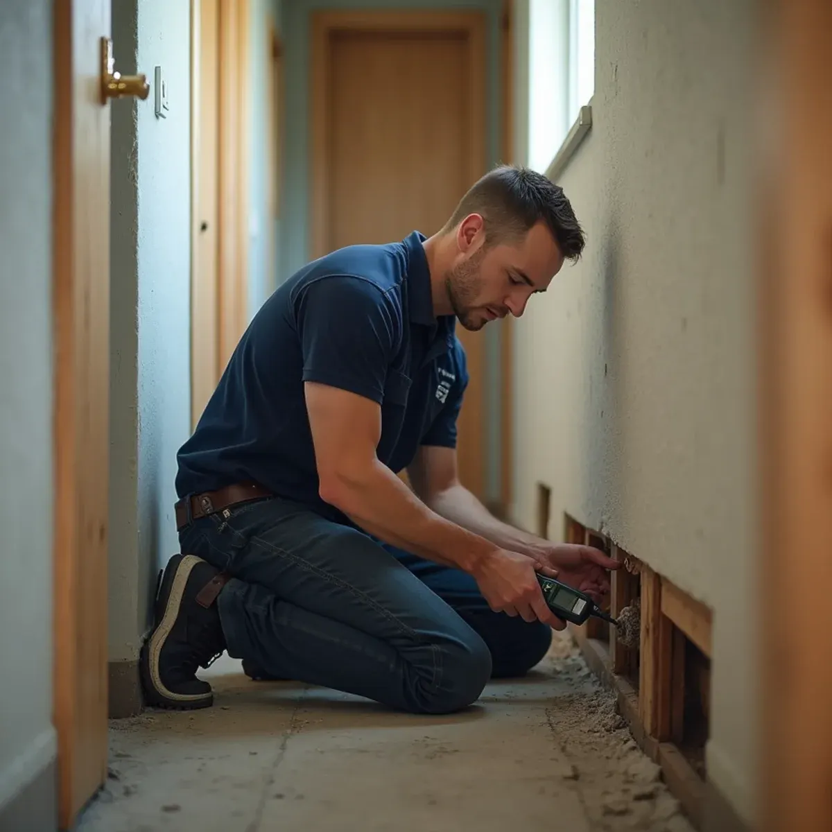 Technician checking moisture beside a failed galvanized supply line in a 1950s Lakewood tract home