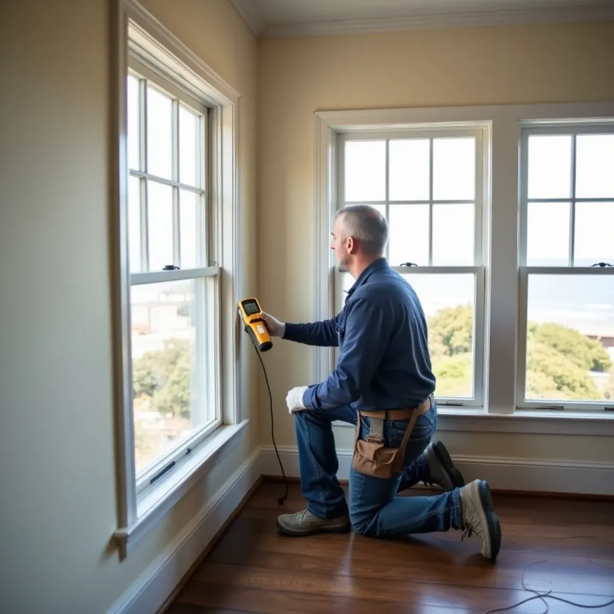 Technician testing a 1920s plaster wall during water damage restoration in a Long Beach bluff home