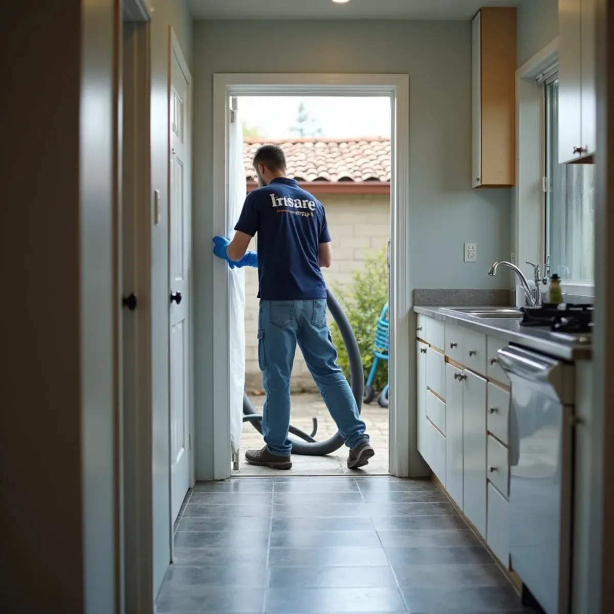 Technician sealing containment in a Paramount rental unit during emergency water damage restoration