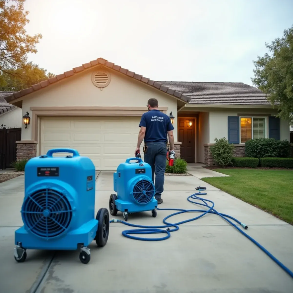 Drying equipment staged on a driveway for water damage restoration service in Cypress, California
