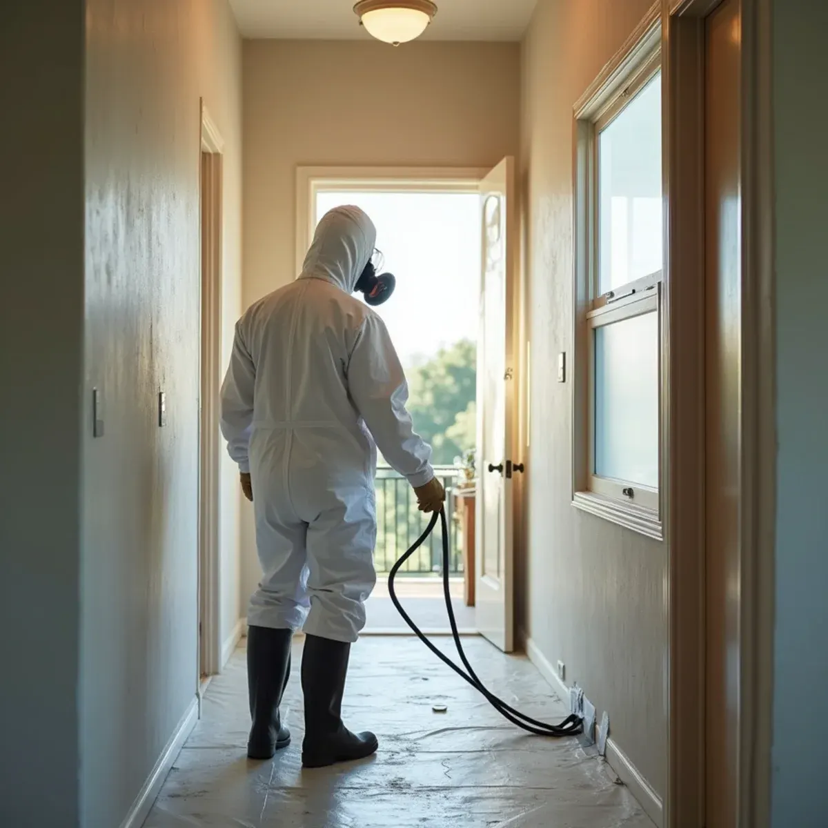 Sealed containment and negative air setup for sewage backup cleanup in a Cypress home