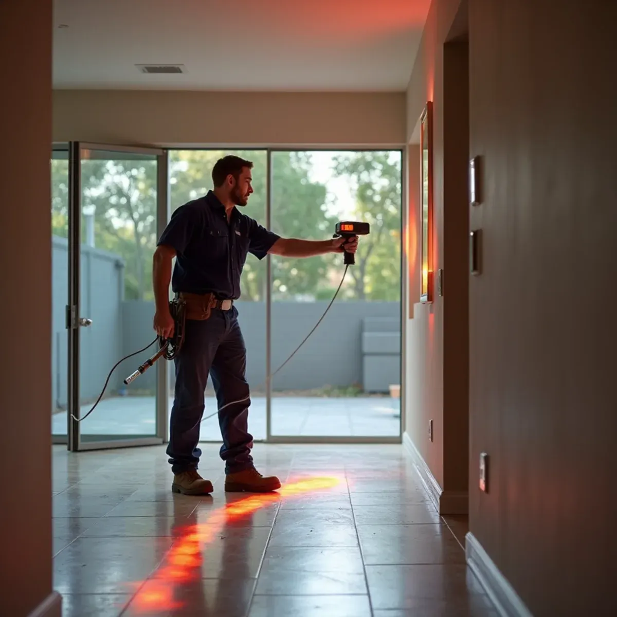 Thermal imaging scan locating a slab leak beneath tile flooring in a Cypress home