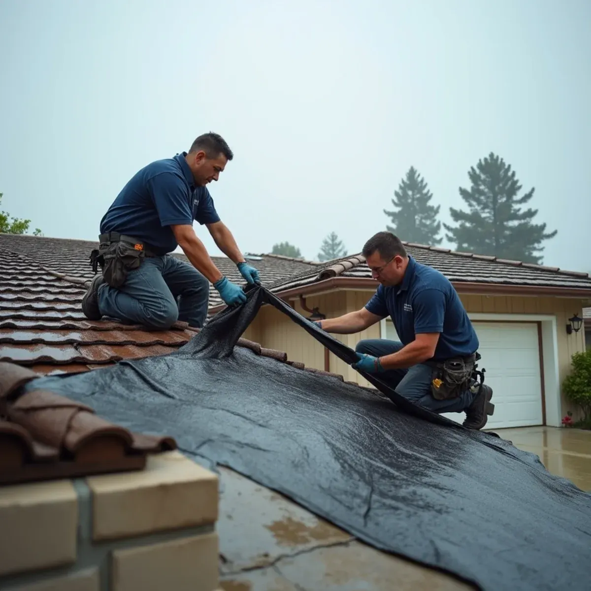 Restoration technicians tarping a storm-damaged tile roof during rain in Cypress California