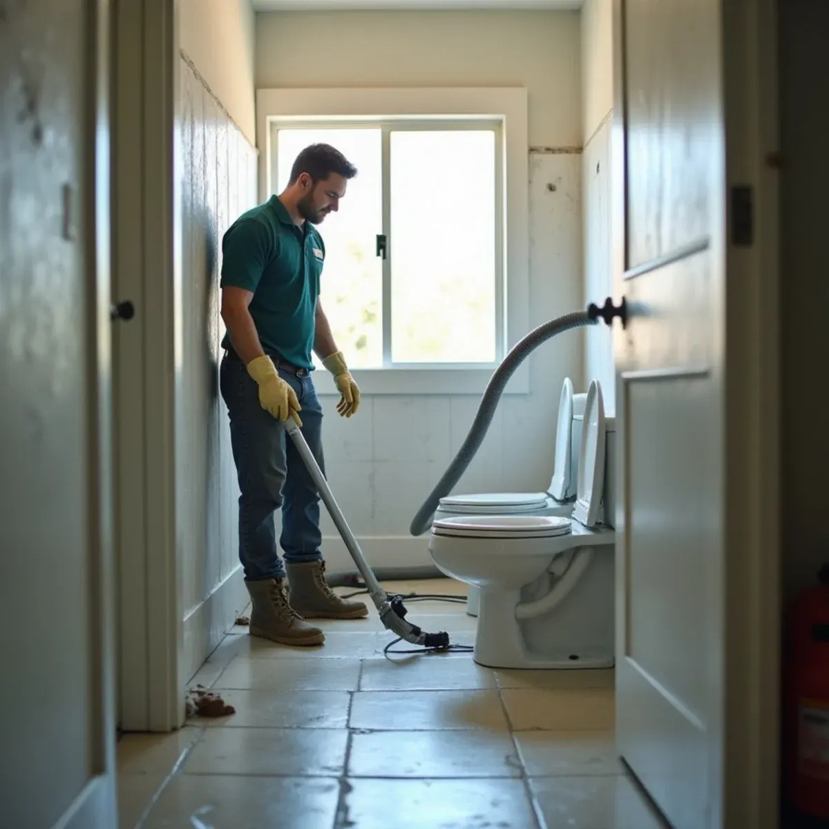 Technician extracting water from bathroom tile during toilet overflow cleanup in Cypress California