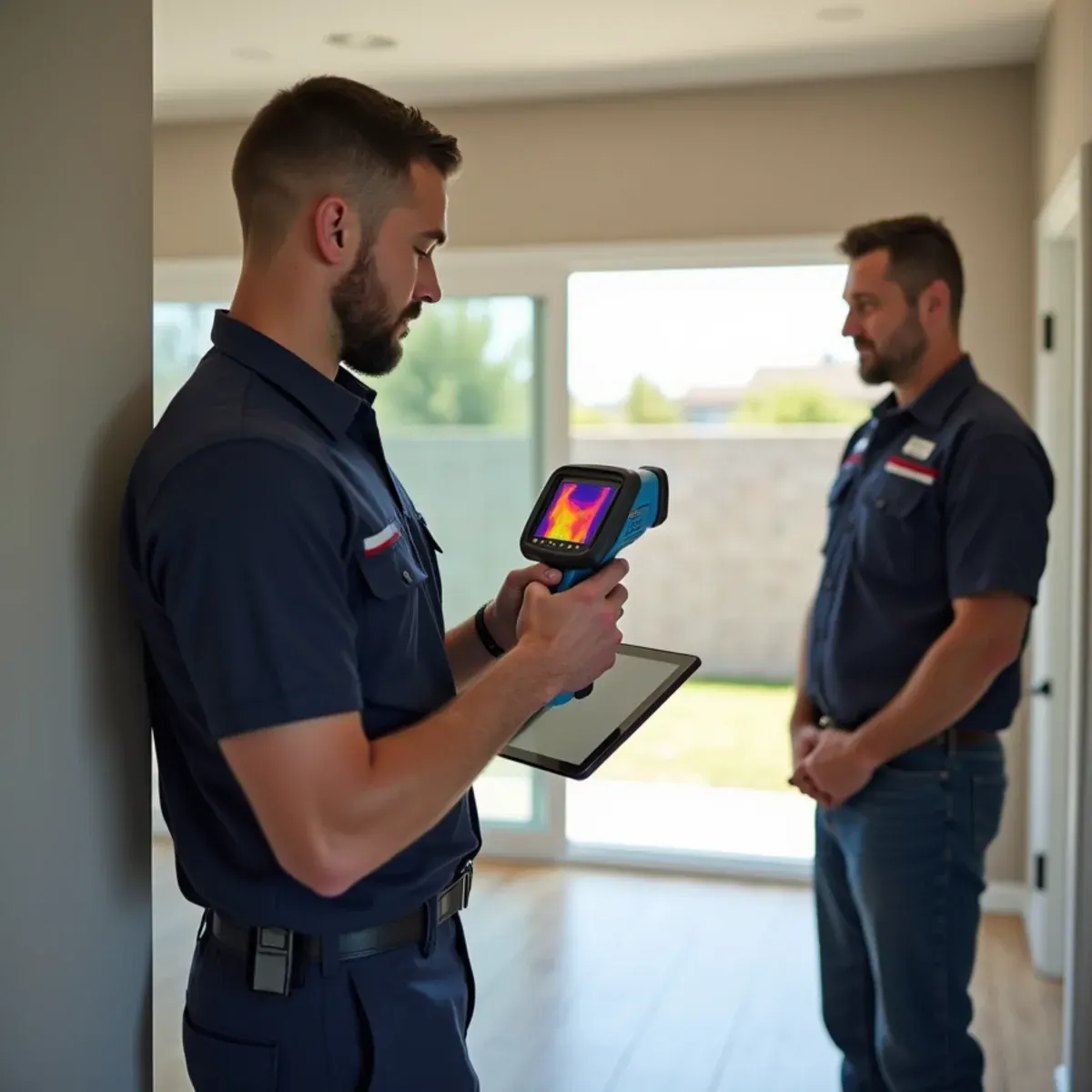 Restoration technician documenting water damage for an insurance claim in a Cypress ranch home