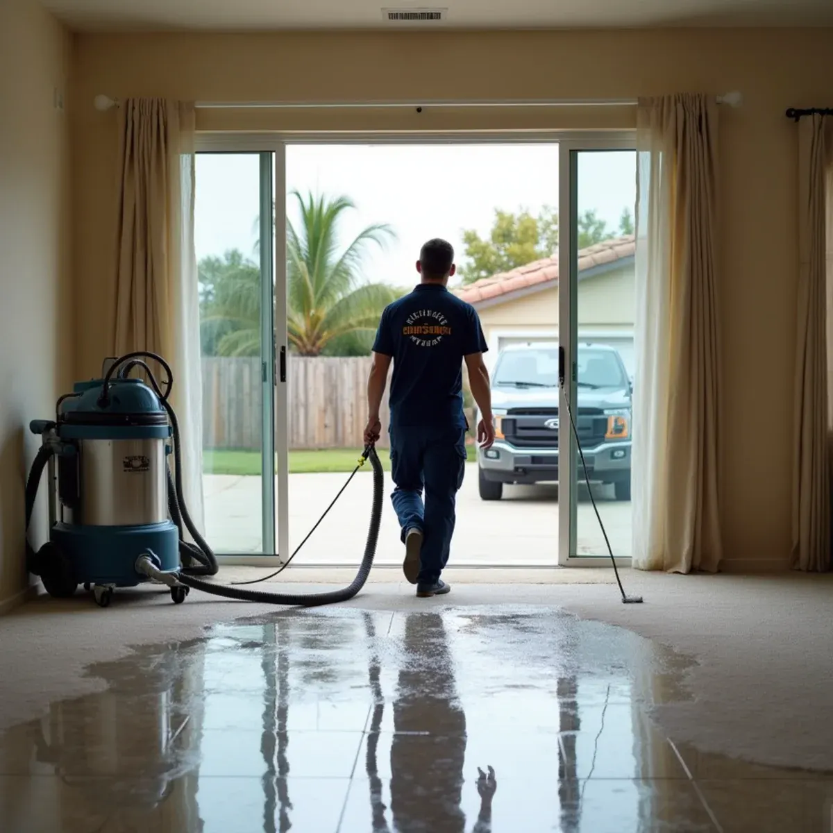 Truck-mounted water extraction removing standing water from a flooded Cypress living room
