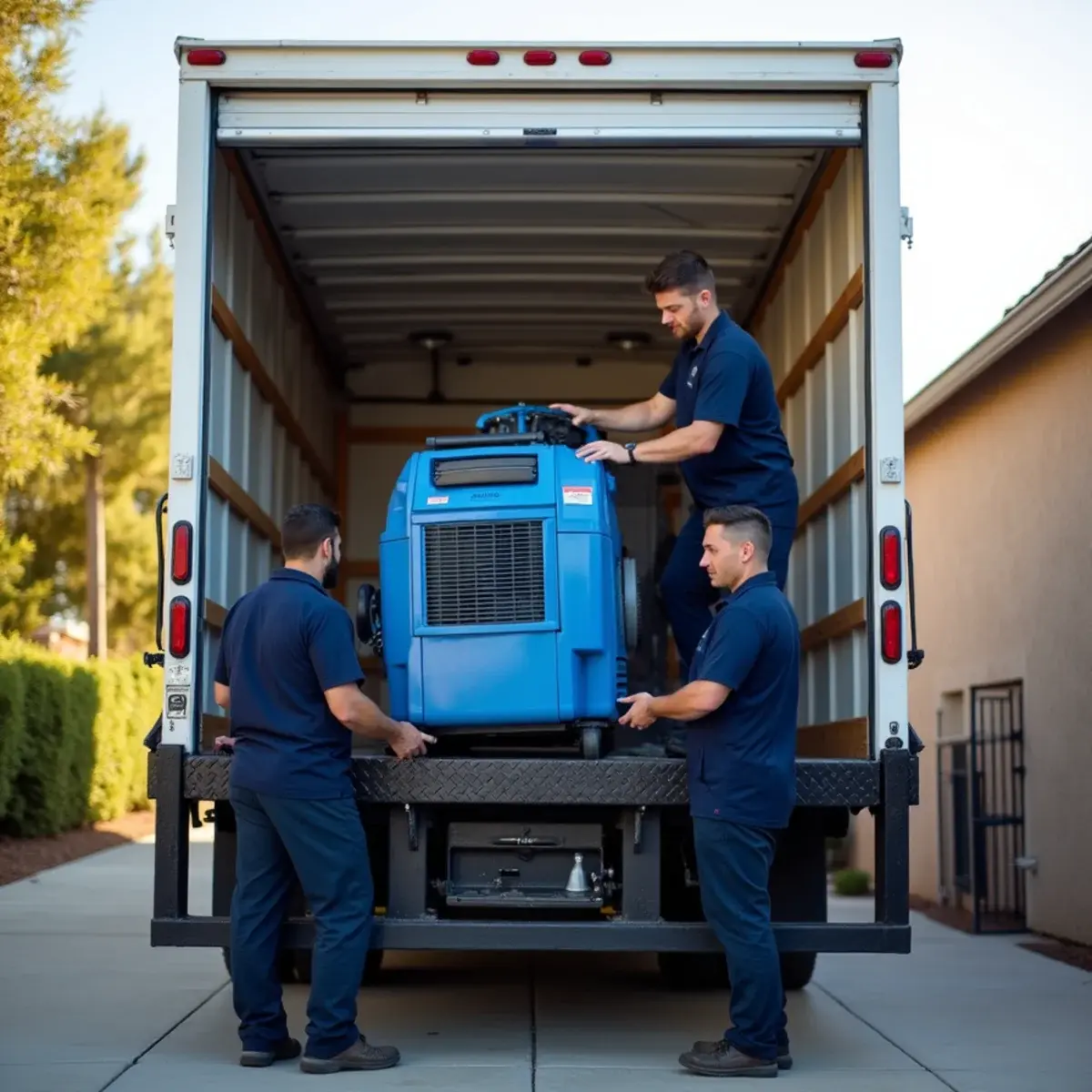 Three restoration technicians beside their equipment truck serving Cypress and north Orange County