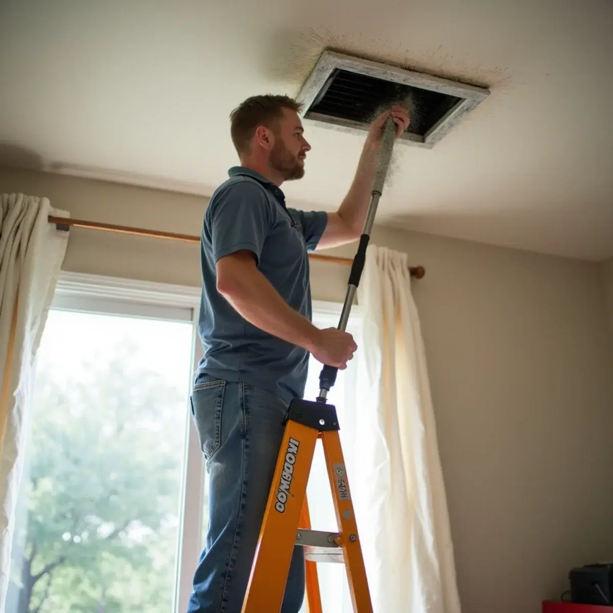 Rotary agitation whip cleaning a ceiling supply register in a Cypress tract home bedroom