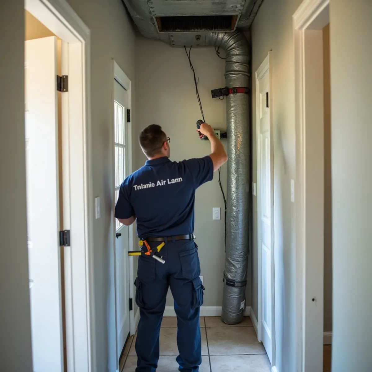 Technician cleaning an open supply plenum during HVAC duct restoration in a Cypress hallway
