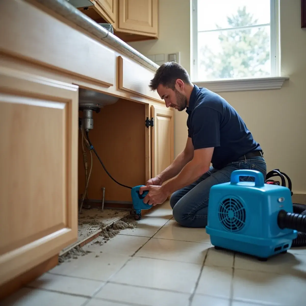 Cutting away a swollen cabinet toe-kick to dry the cavity after an appliance leak