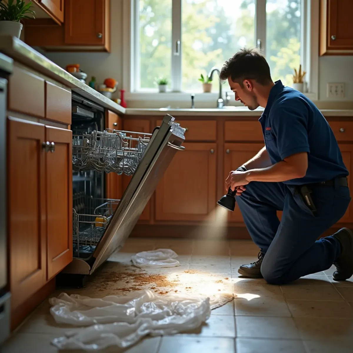 Technician inspecting wet subfloor beneath a pulled-out dishwasher in a Cypress kitchen
