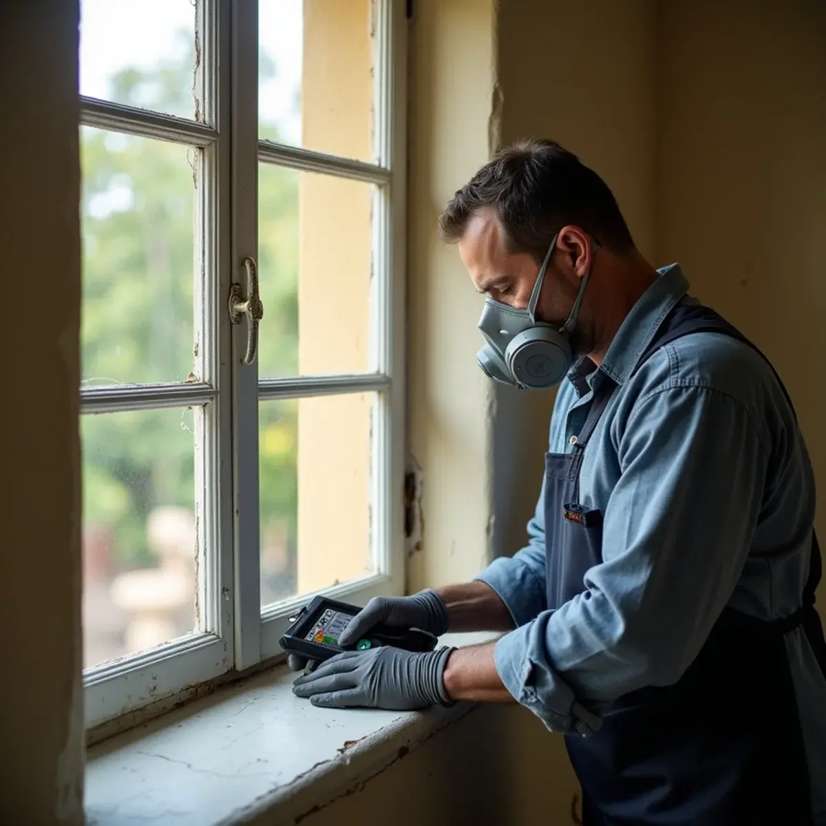 XRF analyzer testing painted window trim for lead paint in an Orange County home