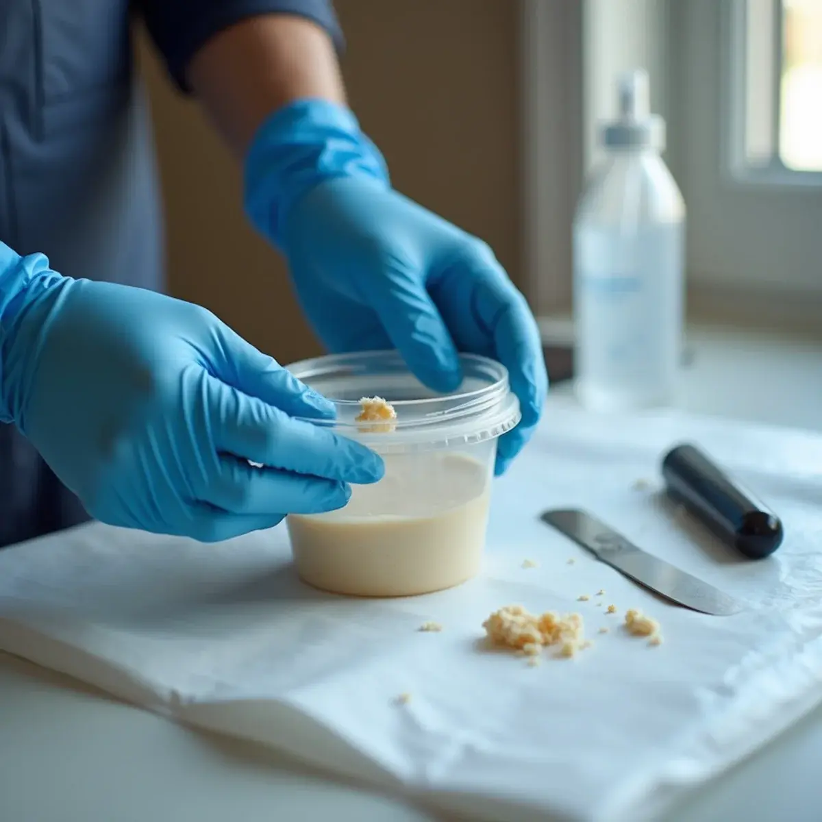 Gloved hands sealing a ceiling texture sample for independent asbestos lab analysis in Cypress