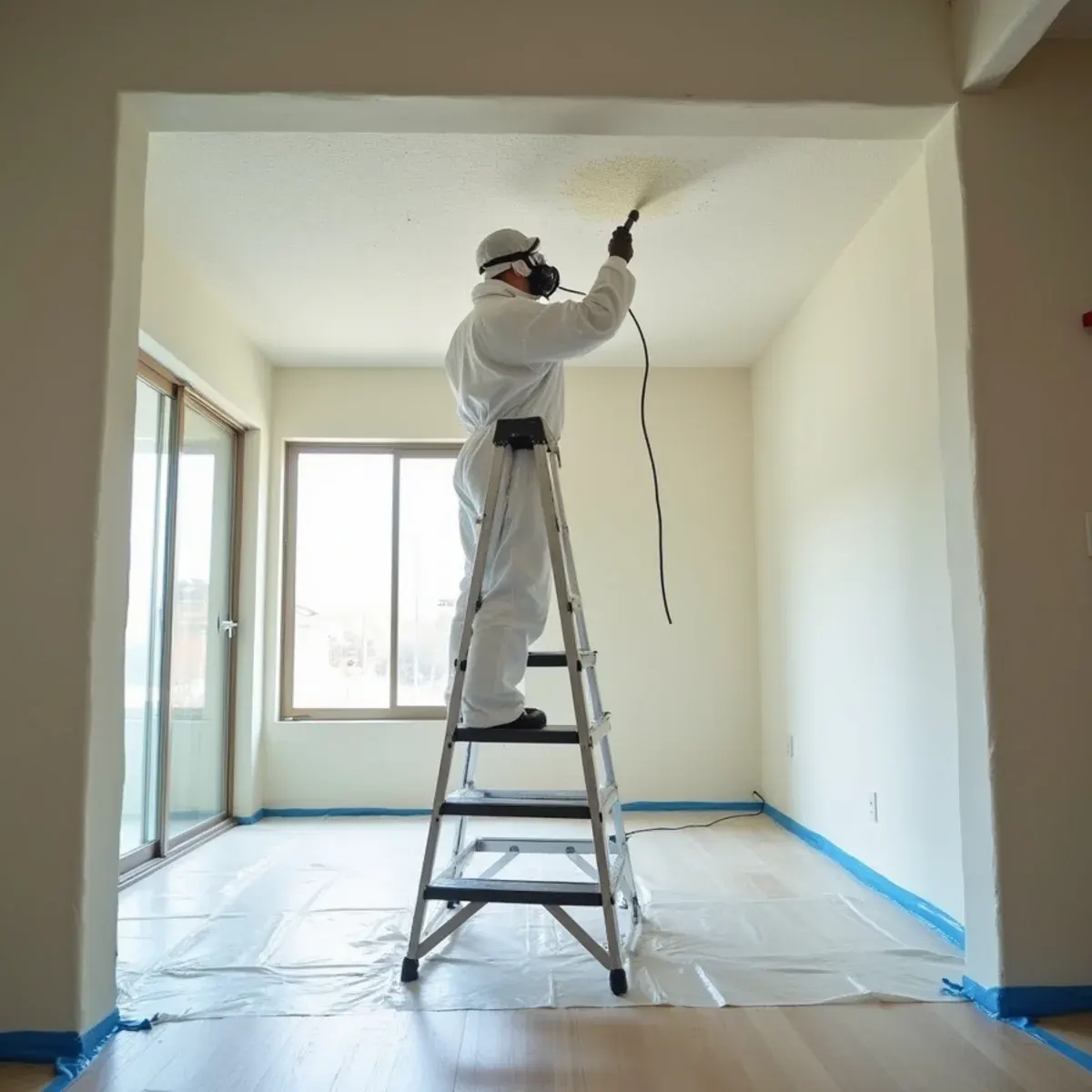 Certified technician sampling popcorn ceiling texture for asbestos testing in a Cypress California home