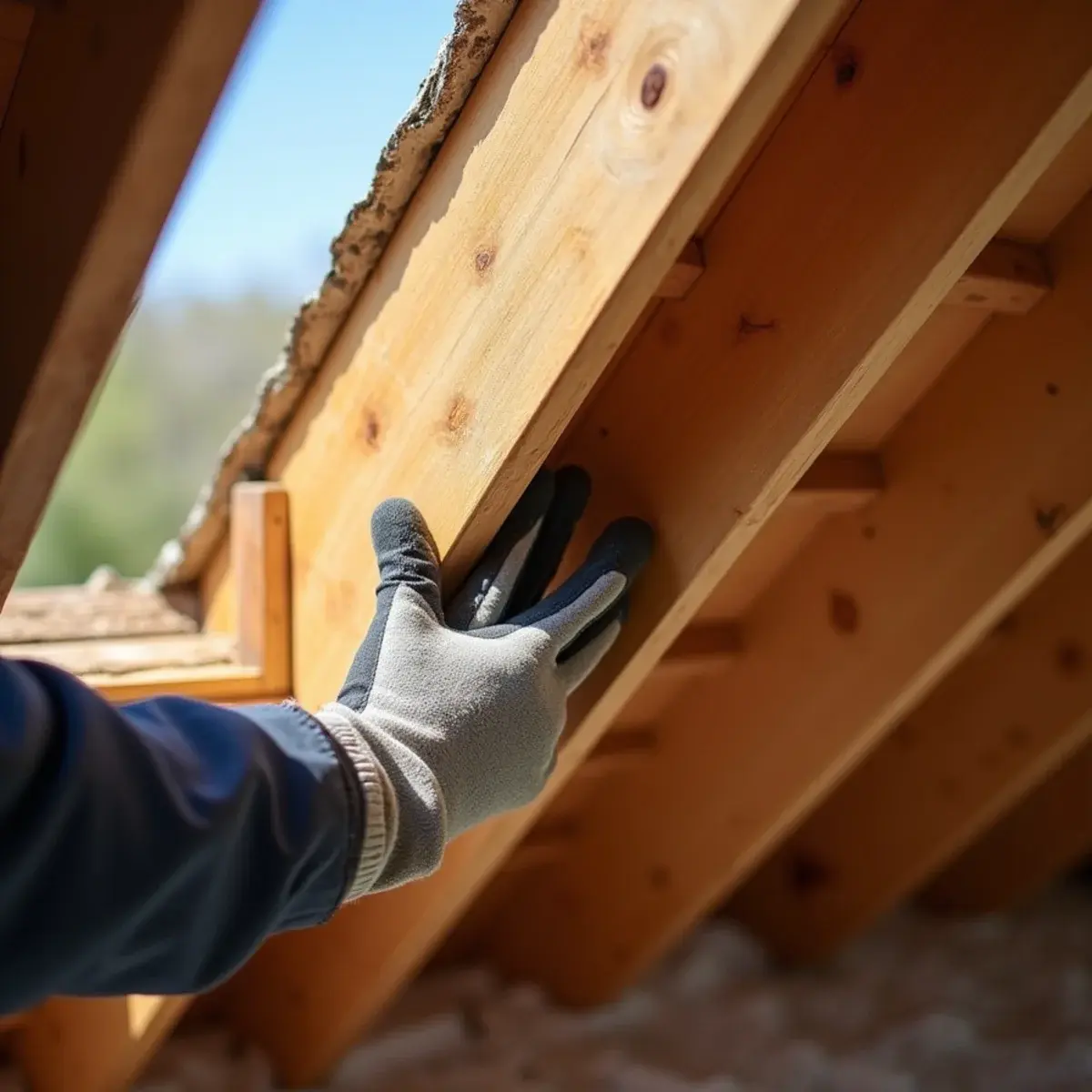 Setting an eave baffle and metering a rafter after attic insulation replacement in Cypress