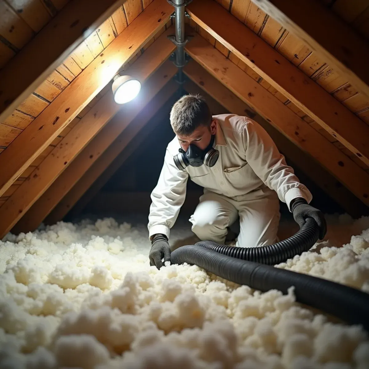 Technician vacuuming soaked insulation during attic water damage restoration in Cypress California