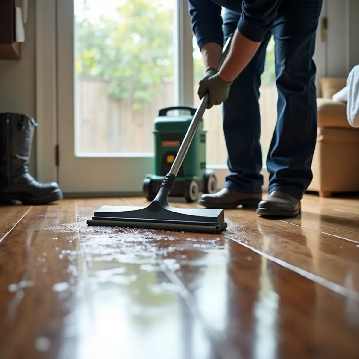 Squeegeeing standing water off hardwood in the first hours of water damage response in Orange County