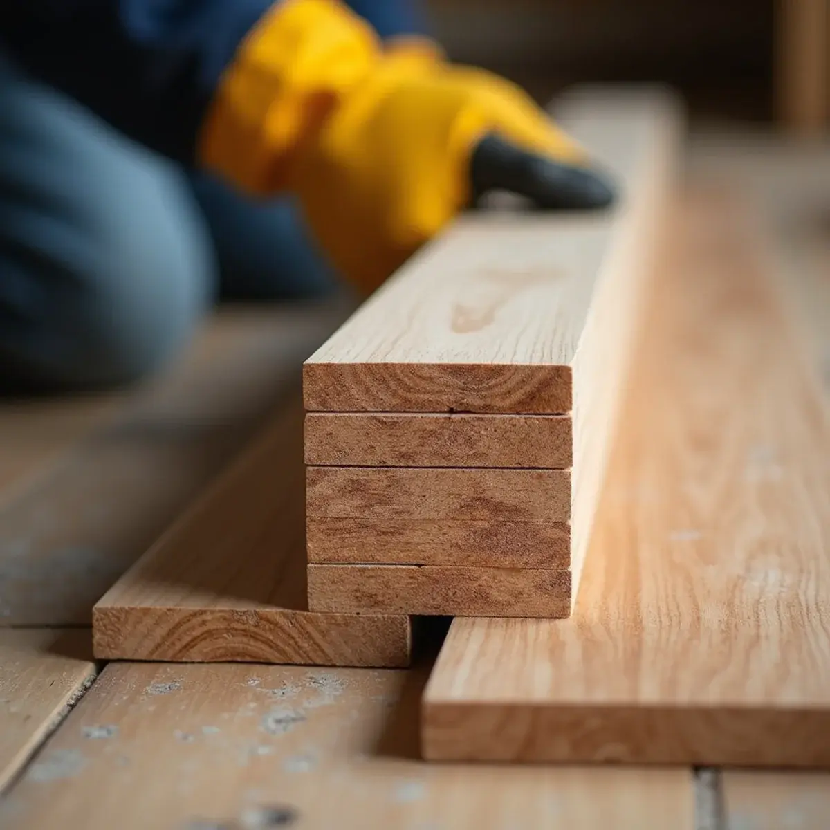 Gloved hand comparing engineered plank layers to solid wood during hardwood inspection in Cypress