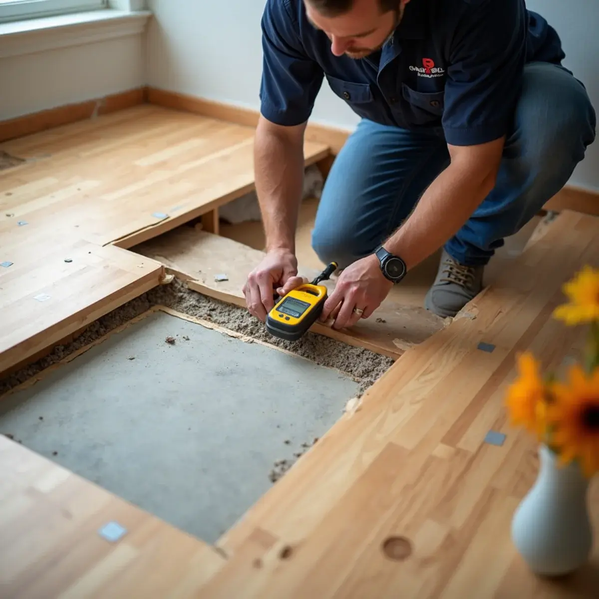 Technician testing the slab beneath lifted hardwood flooring in a Cypress slab-on-grade home