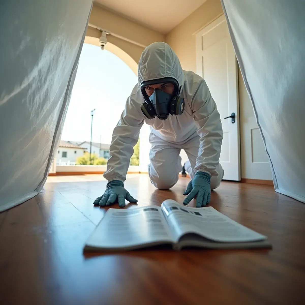 Sealed containment and PPE during category three water cleanup on hardwood flooring in Orange County