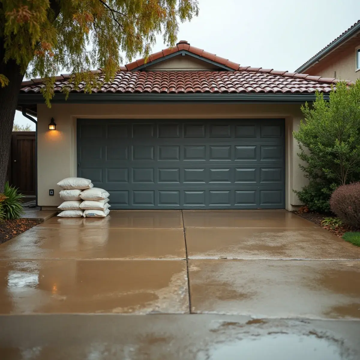 Storm runoff pooling against a stucco garage threshold during a Southern California rain event