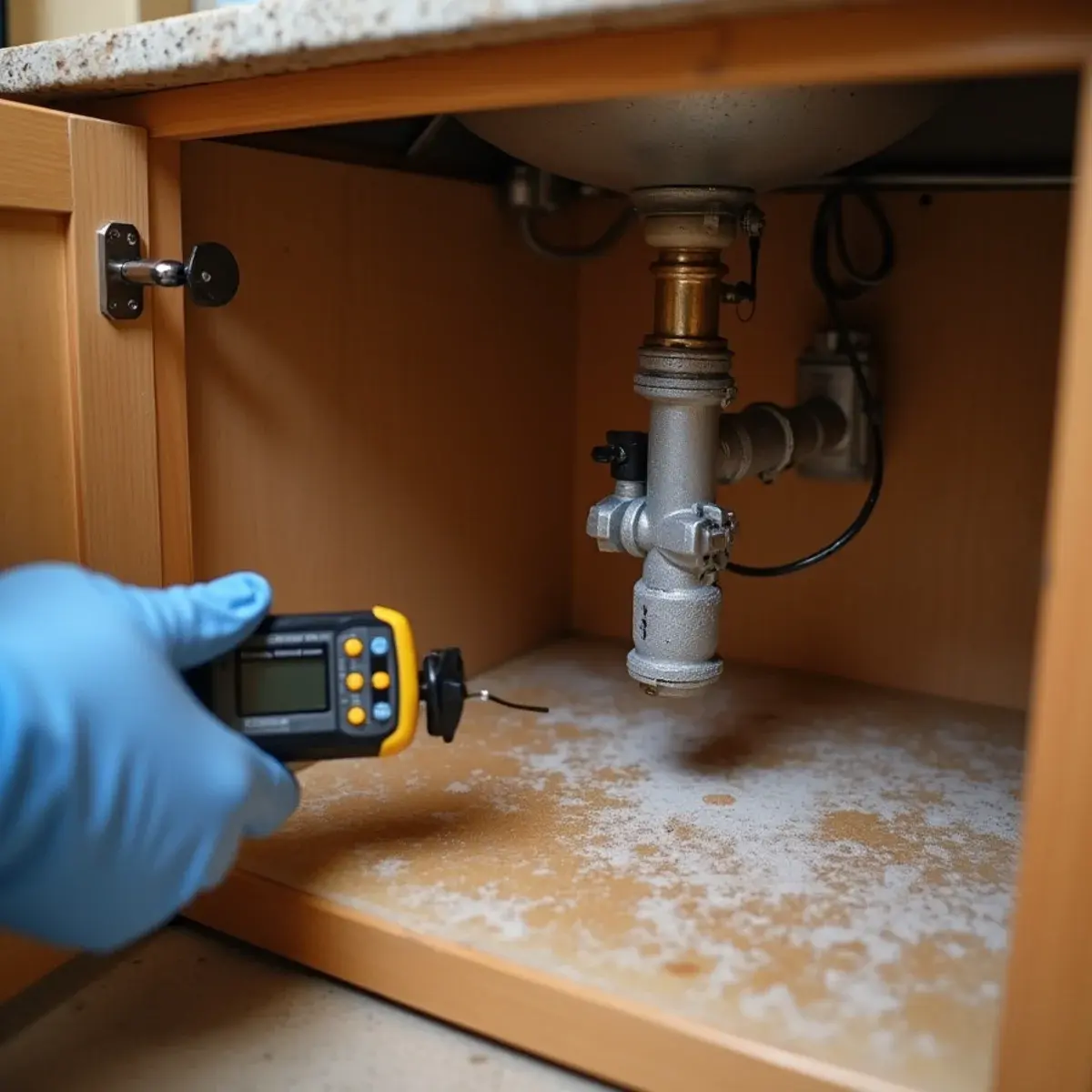 Moisture meter reading a swollen sink cabinet from a slow long-term leak in Orange County
