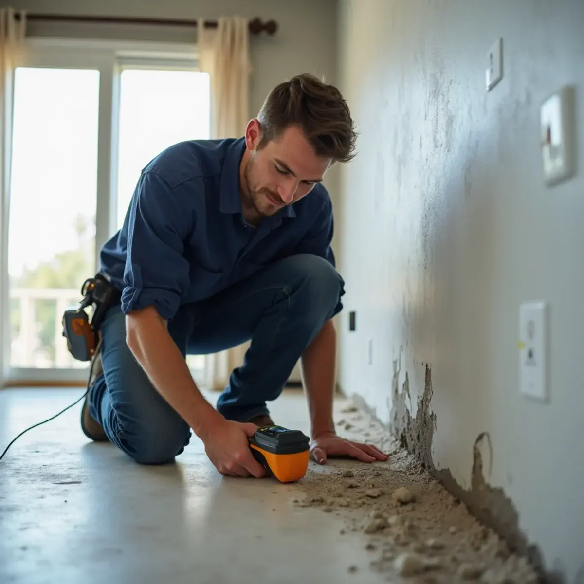 Technician checking moisture behind a damp baseboard days after a water leak in a Cypress home