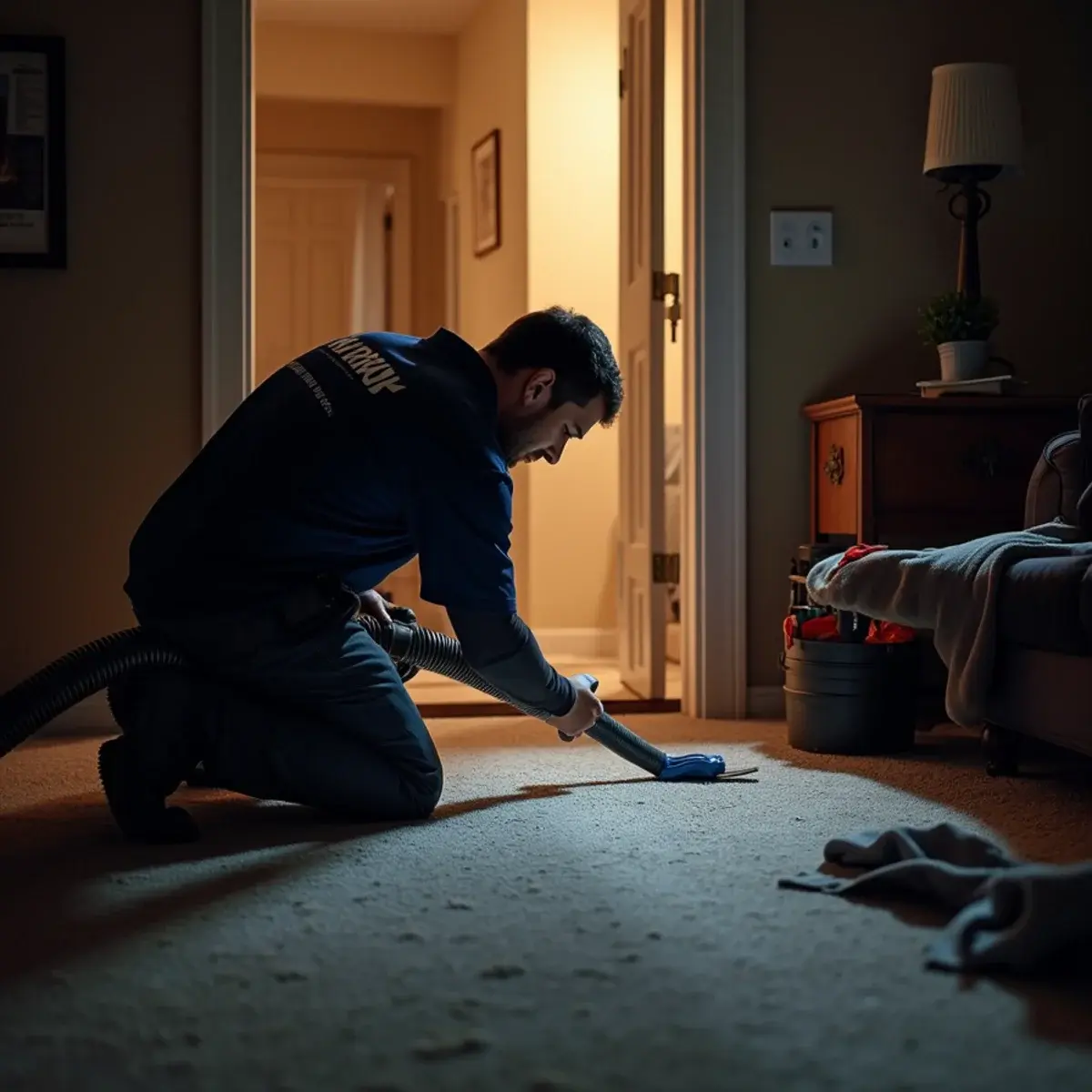 Overnight emergency water extraction from saturated carpet in an Orange County tract home