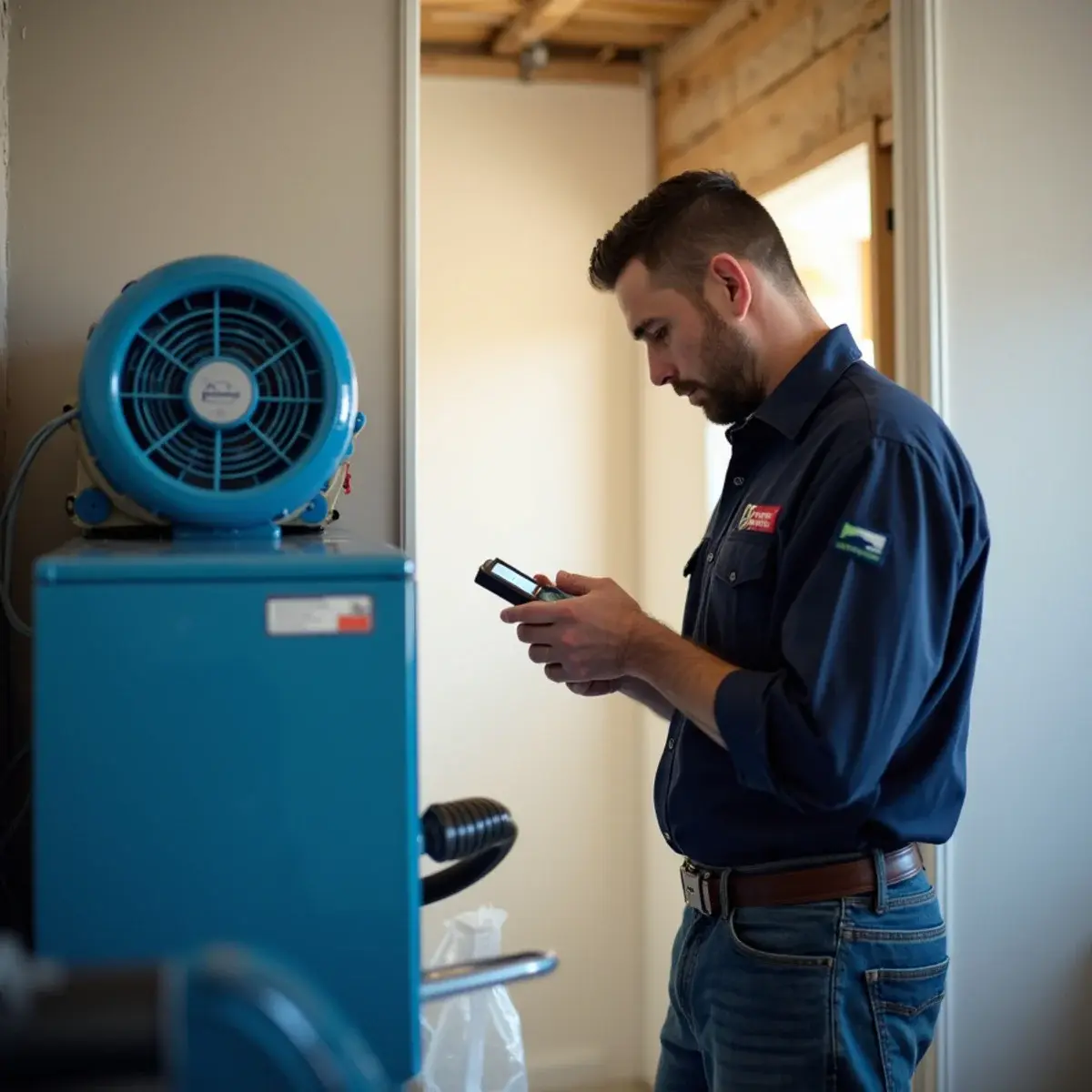 Dehumidifier and air movers running for several days of structural drying after water damage