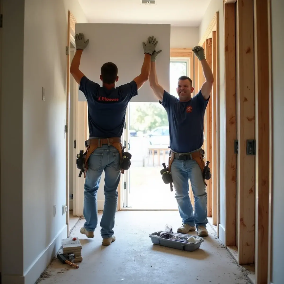 Crew hanging new drywall during reconstruction after water damage repairs in Cypress