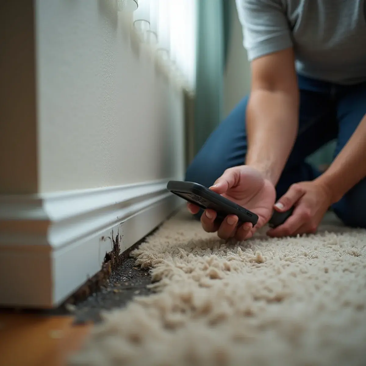 Homeowner photographing an untouched water line on drywall before cleanup begins in Orange County