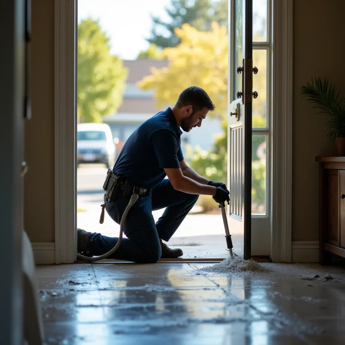Technician extracting standing water from carpet during emergency mitigation in Cypress California
