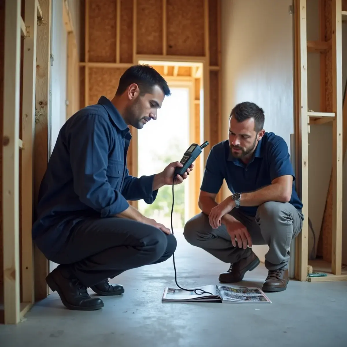 Technician showing moisture readings on flood-cut walls during an adjuster walkthrough in Orange County