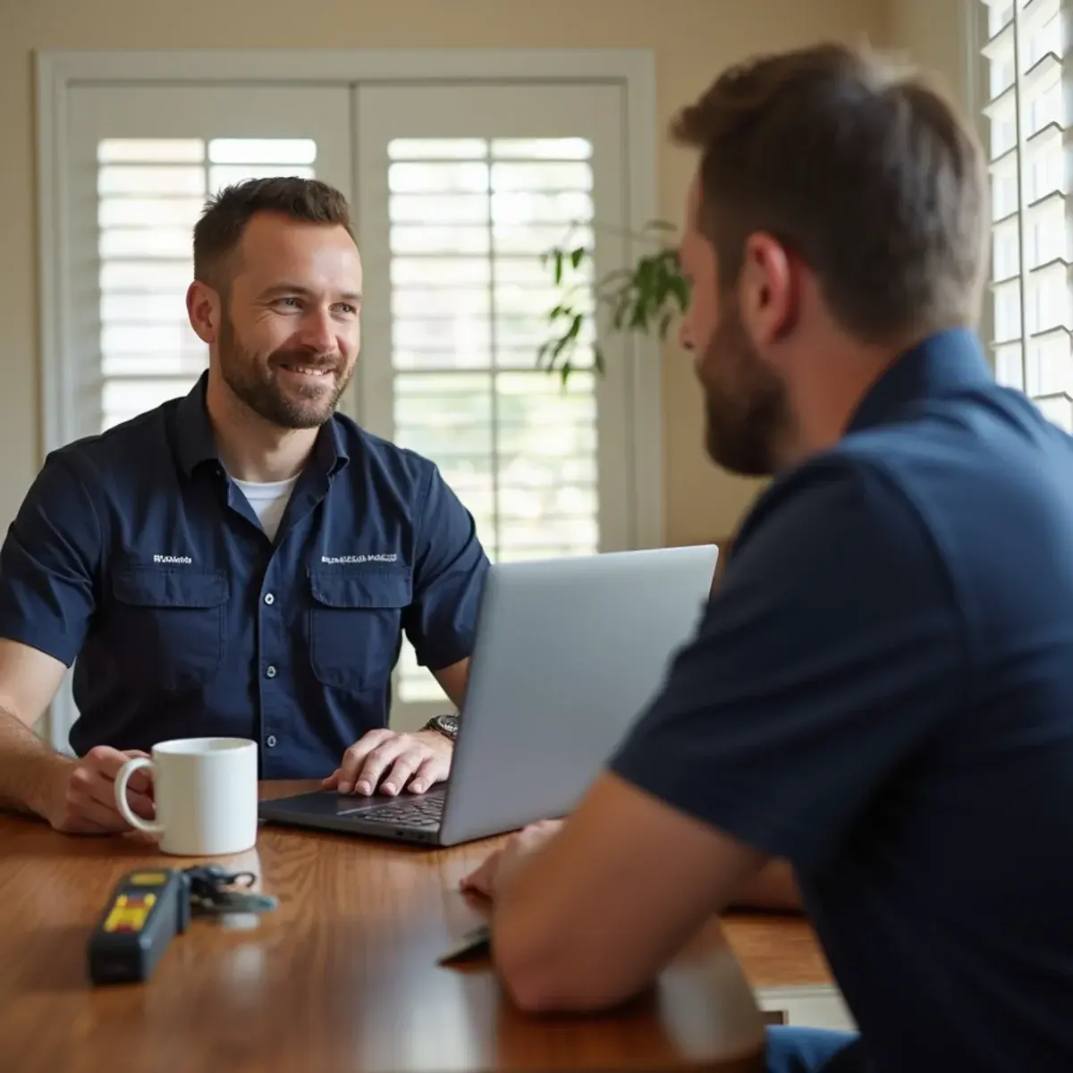 Homeowner and project manager reviewing a restoration estimate at a dining table in Cypress