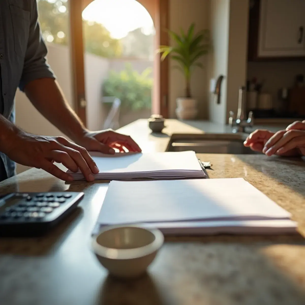 Homeowner organizing water damage claim paperwork at a kitchen counter in Orange County