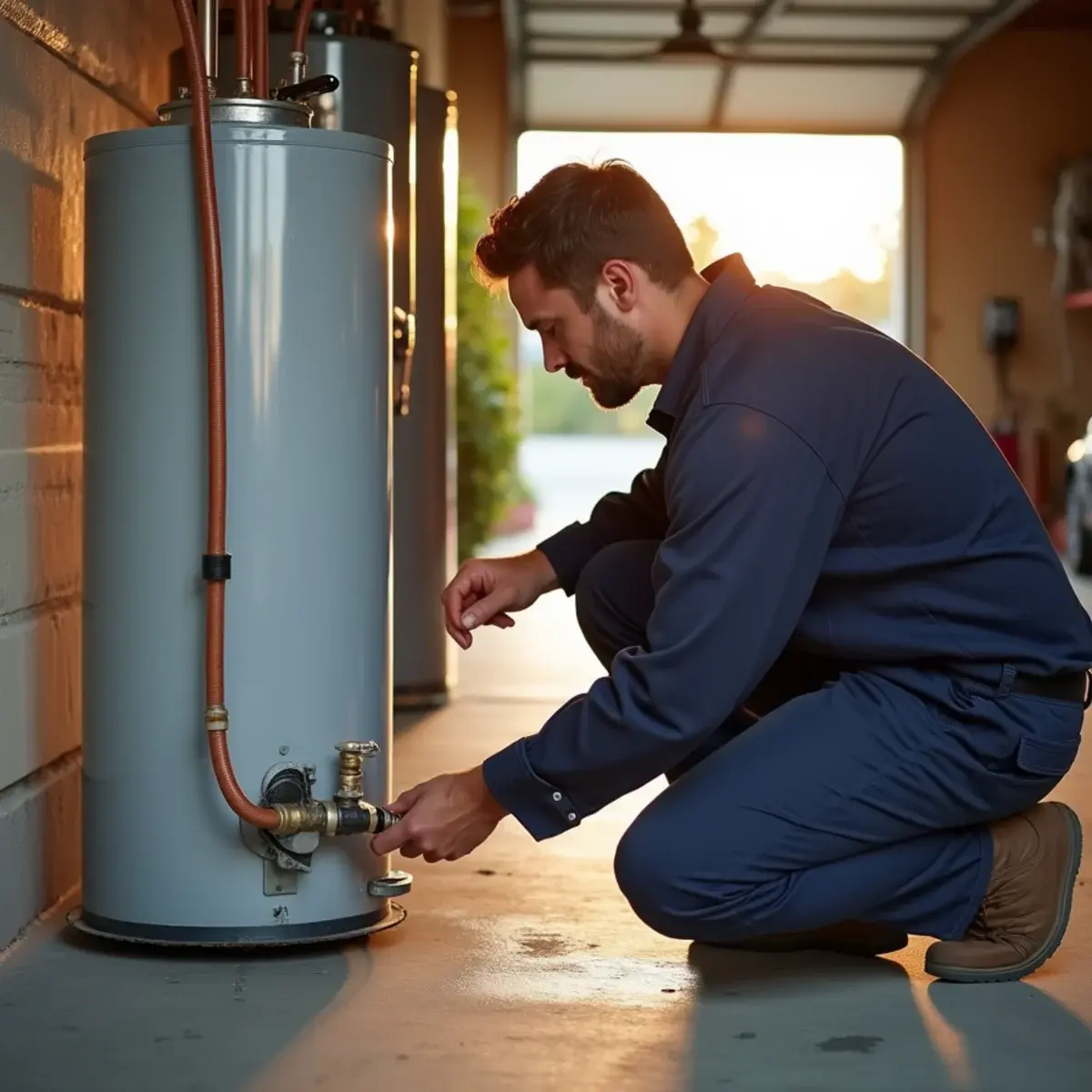 Technician inspecting a water heater connection and drain pan during a home water damage prevention check in Southern California
